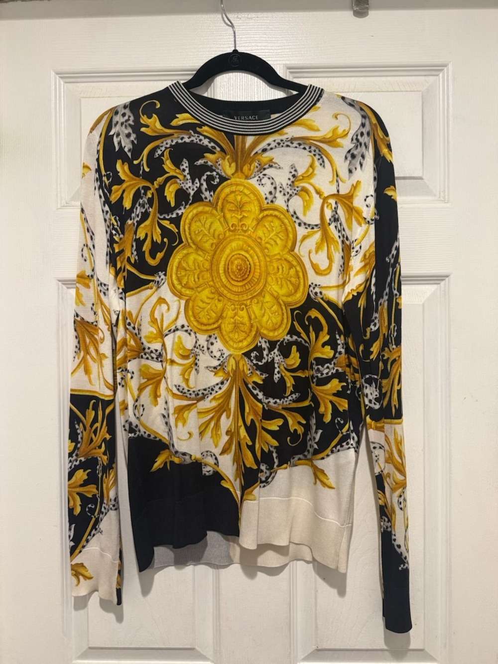 Versace Black White Gold Baroque Motif Crewneck Sweater